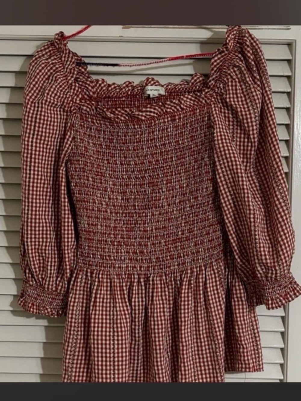 Max Studio Red and Cream Gingham Smocked Top size XL